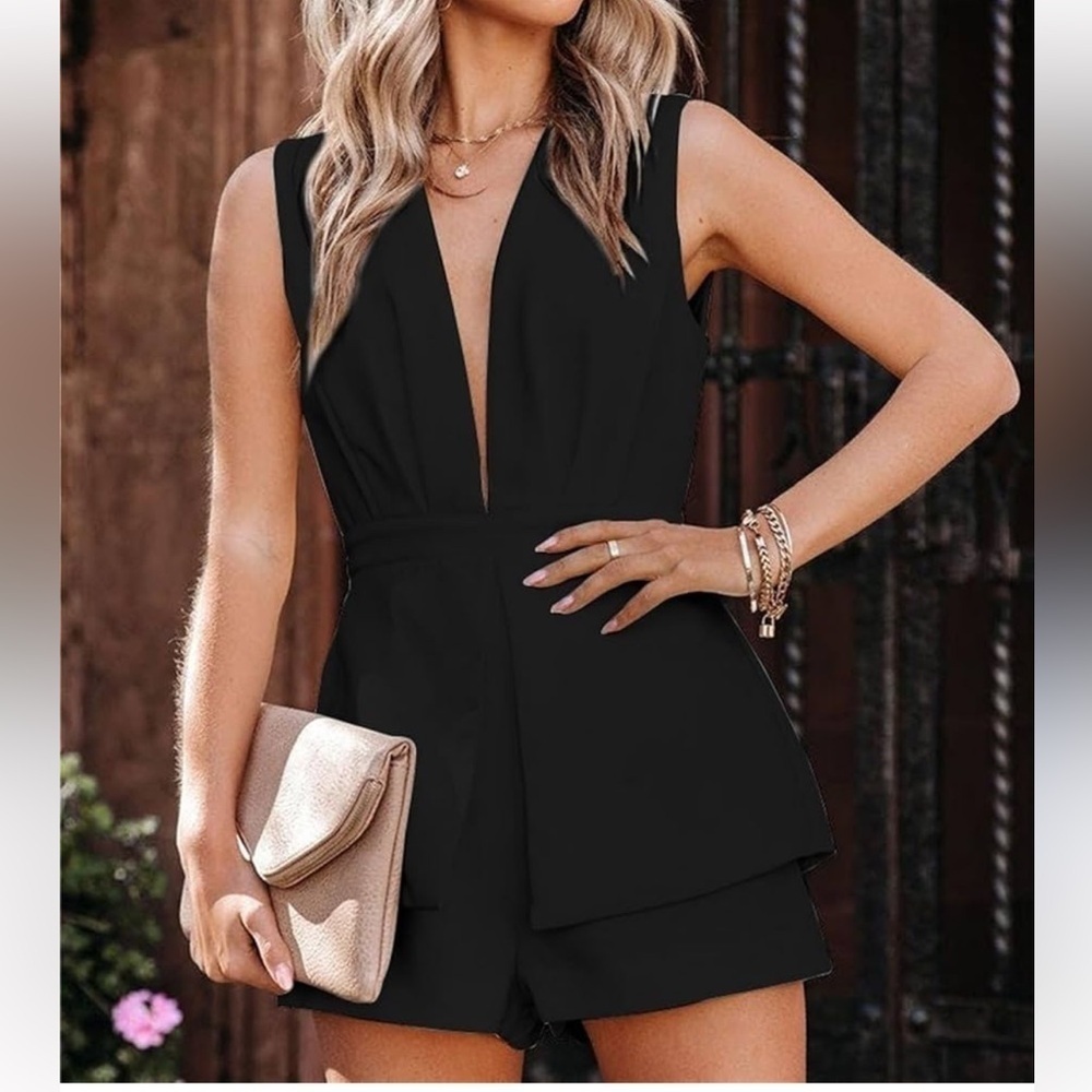 LYANER deep v neck black sexy jumpsuit romper size XL New